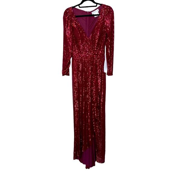 NWT IEENA for MAC DUGGAL Wine Long Sleeve Sequin Faux Wrap Gown Women’s - Picture 2 of 10